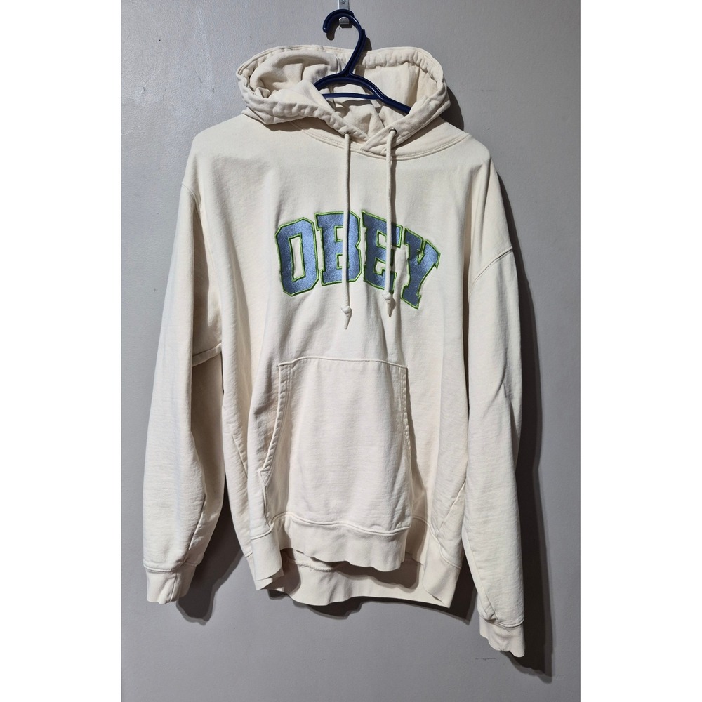 Obey Mens XL Cream Hoodie Embroidered Collegiate Logo Cotton French Terry Sweat
